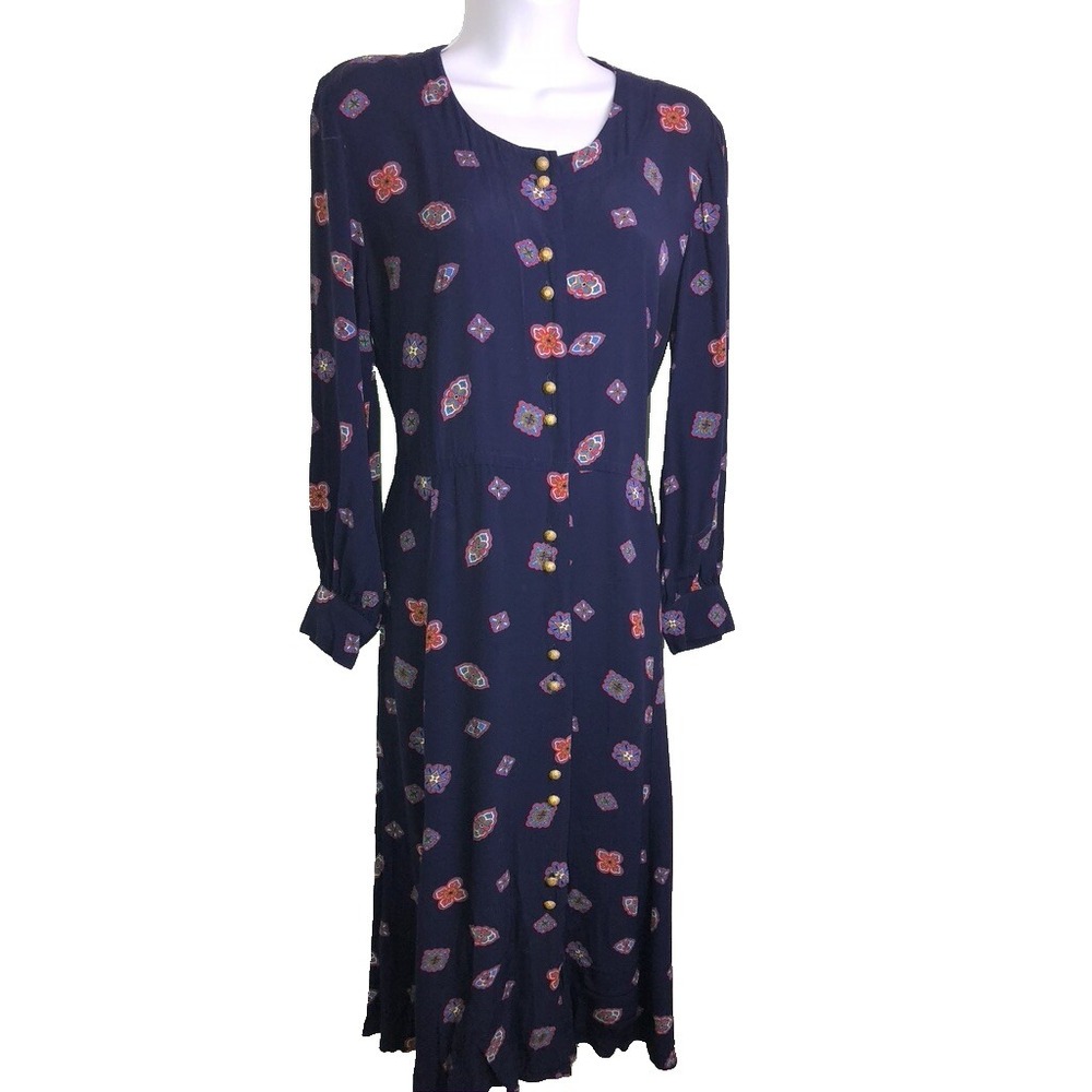 Vtg 90s Liz Claiborne Midi Shirt Dress~ 8P~ Navy Rayon Button Down Secretary 9-5